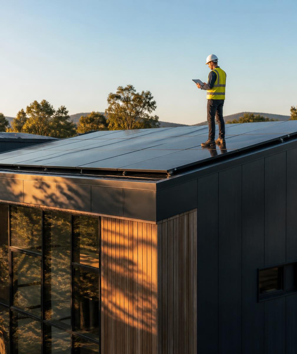Engineer assessing a rooftop for solar installation