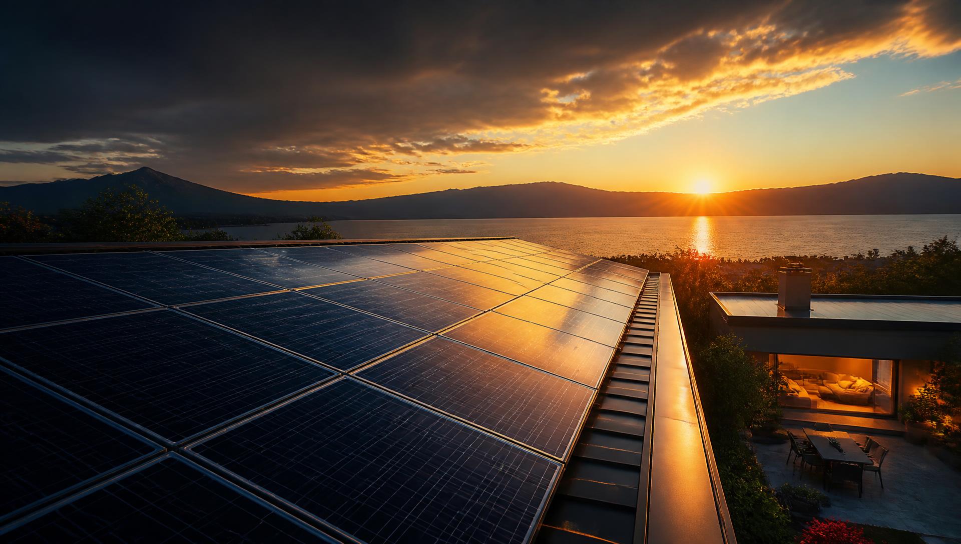 Luxury modern villa with a rooftop solar panel array at golden hour