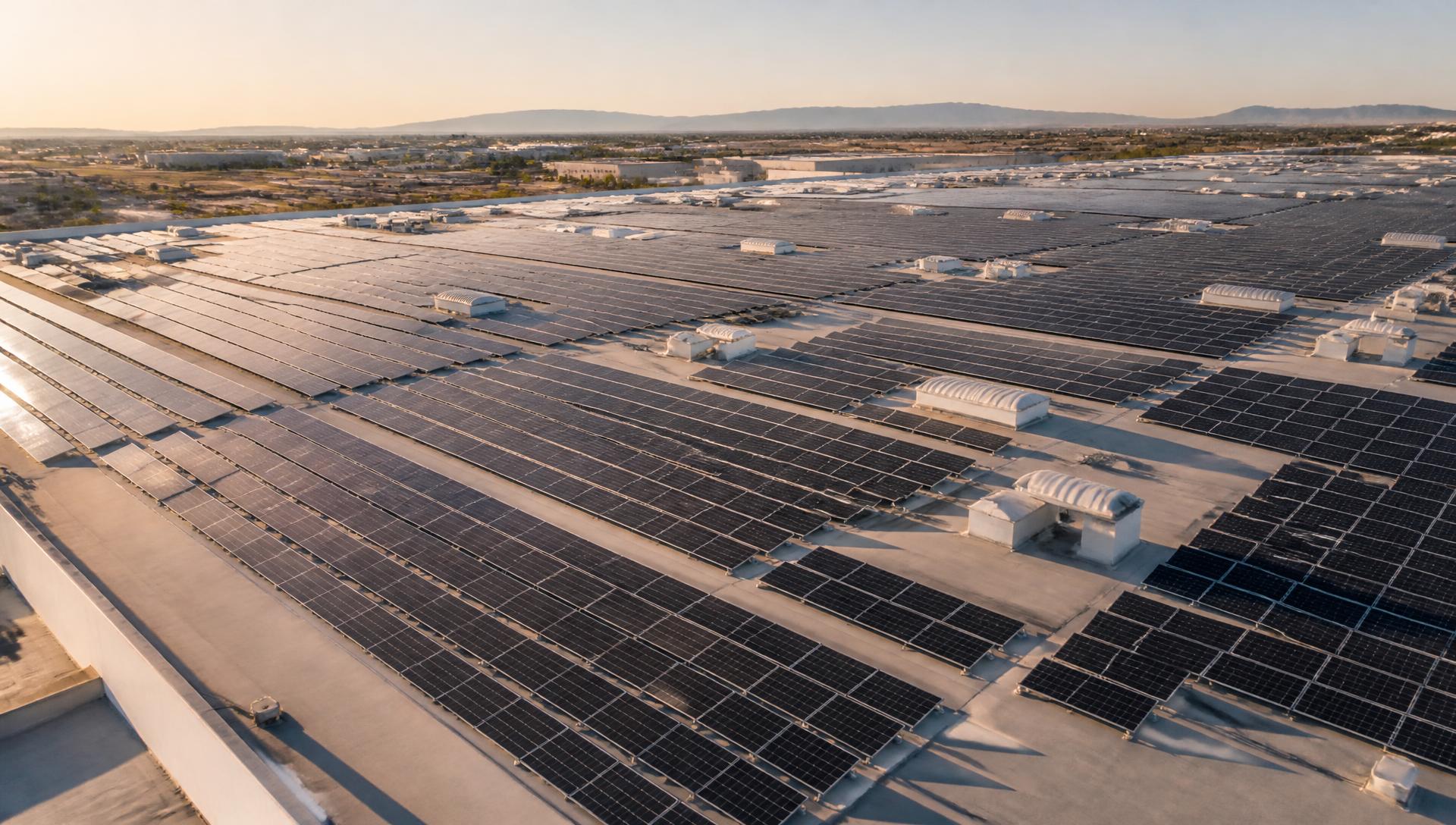 Large commercial rooftop solar installation seen from the air