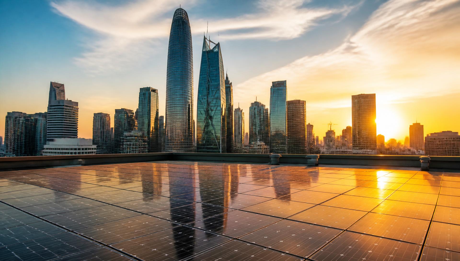 Rooftop solar panels overlooking a modern city skyline at sunset