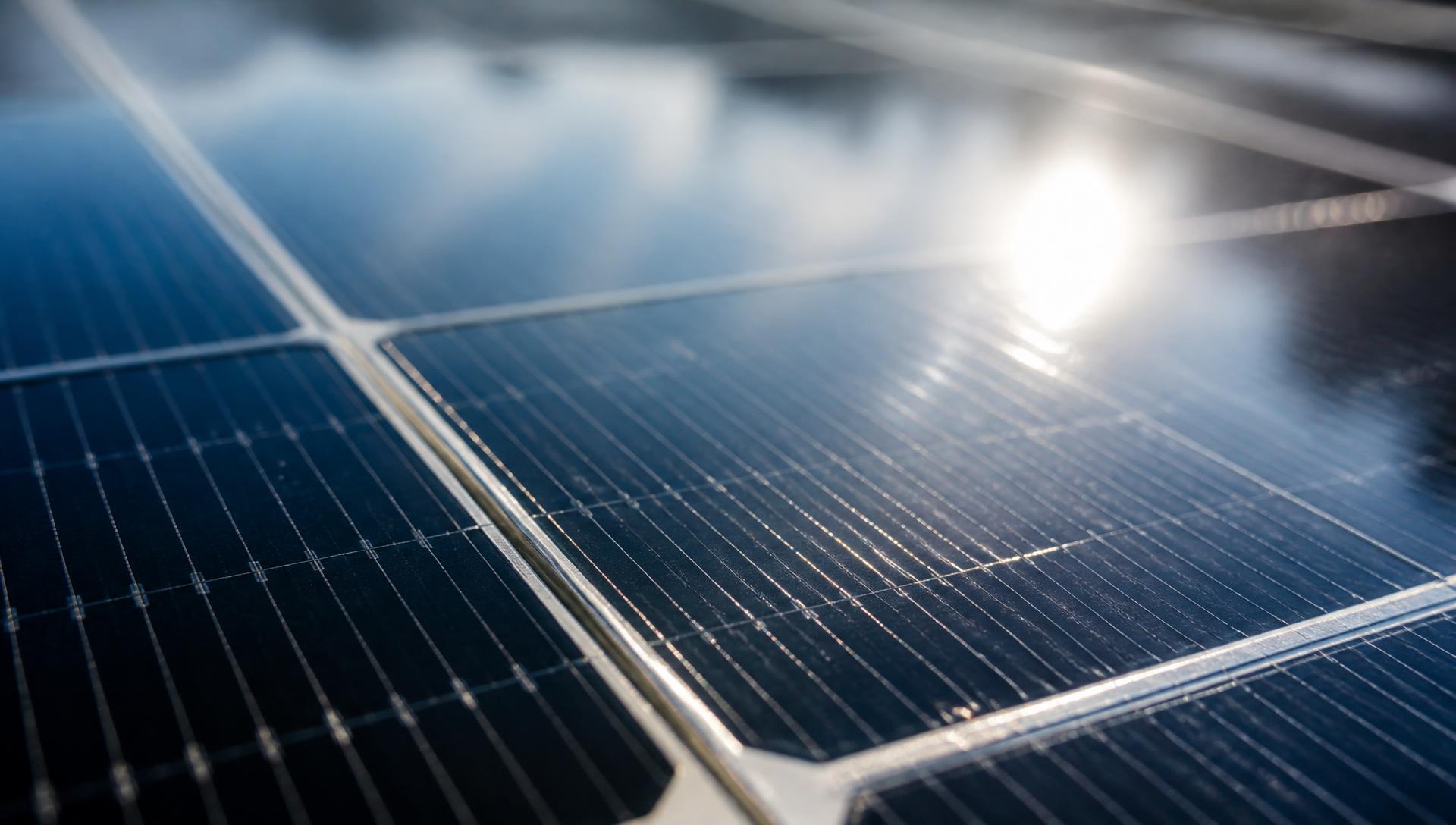 Close-up of photovoltaic solar panel cells reflecting sunlight