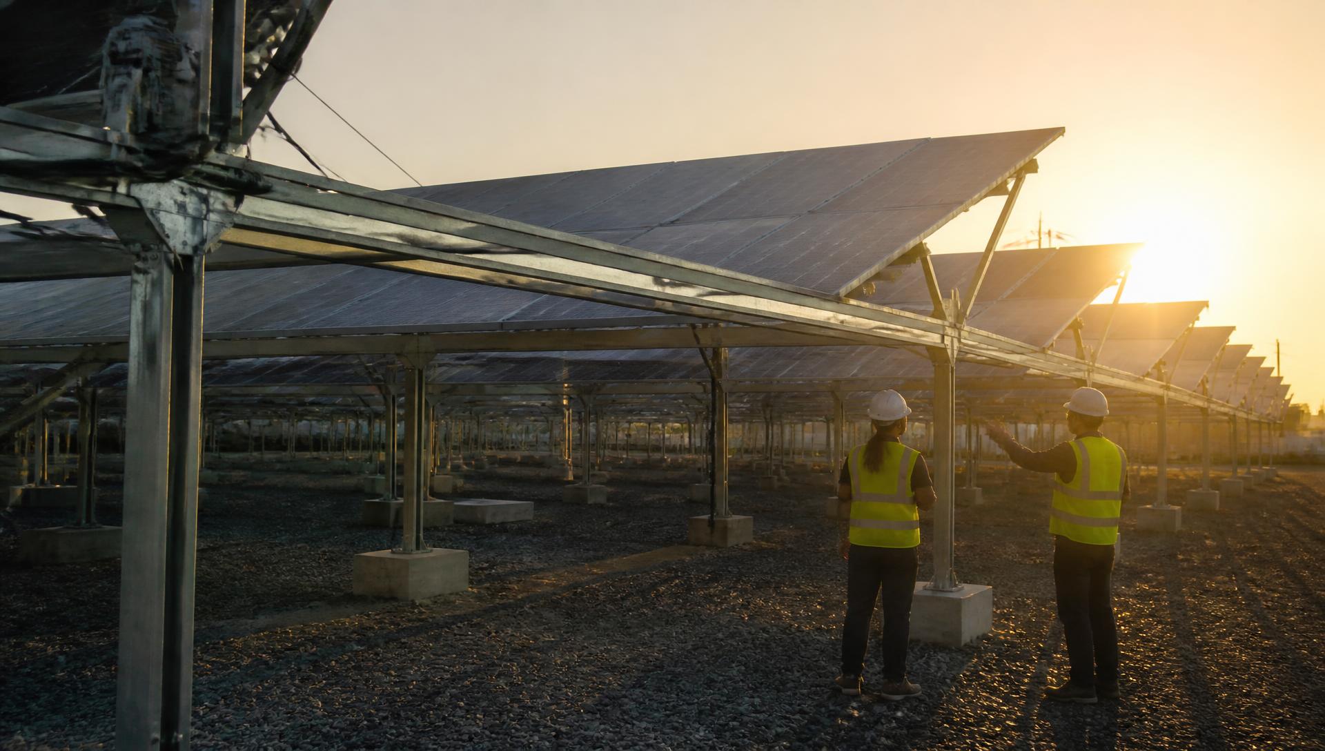 Industrial renewable energy installation with engineers inspecting solar arrays