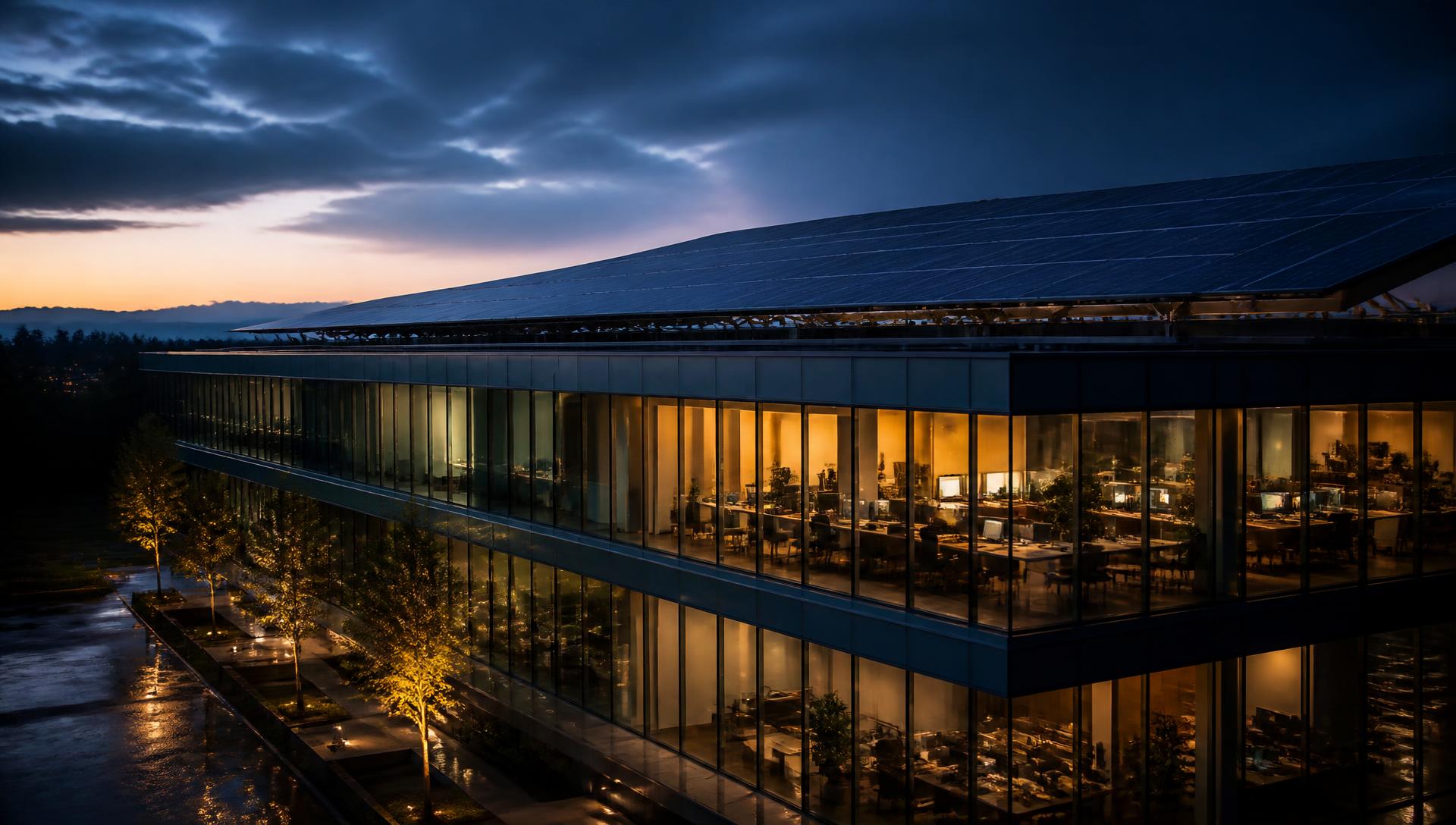 Modern solar-powered office building at dusk