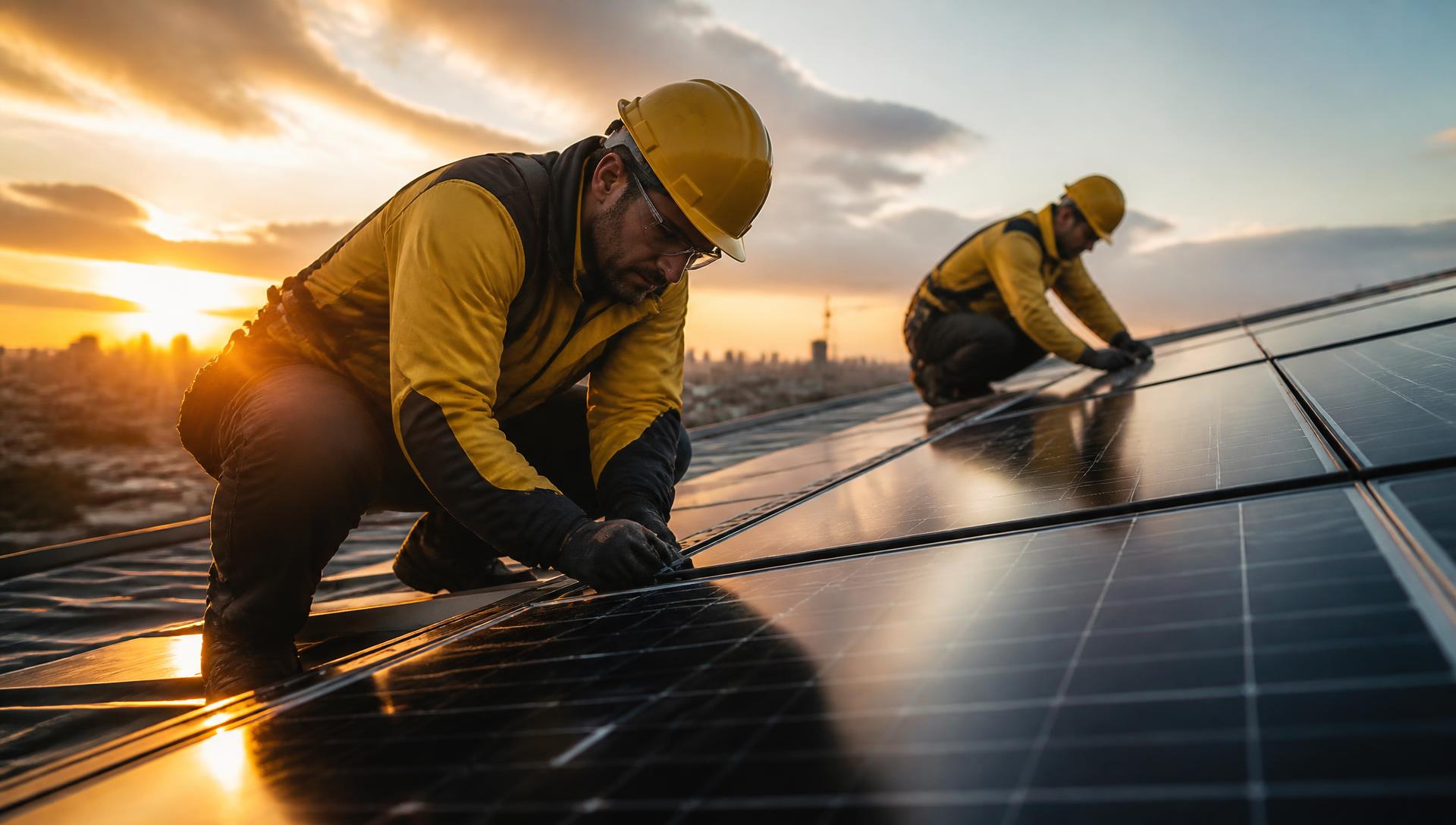 Solar engineers installing rooftop panels at golden hour