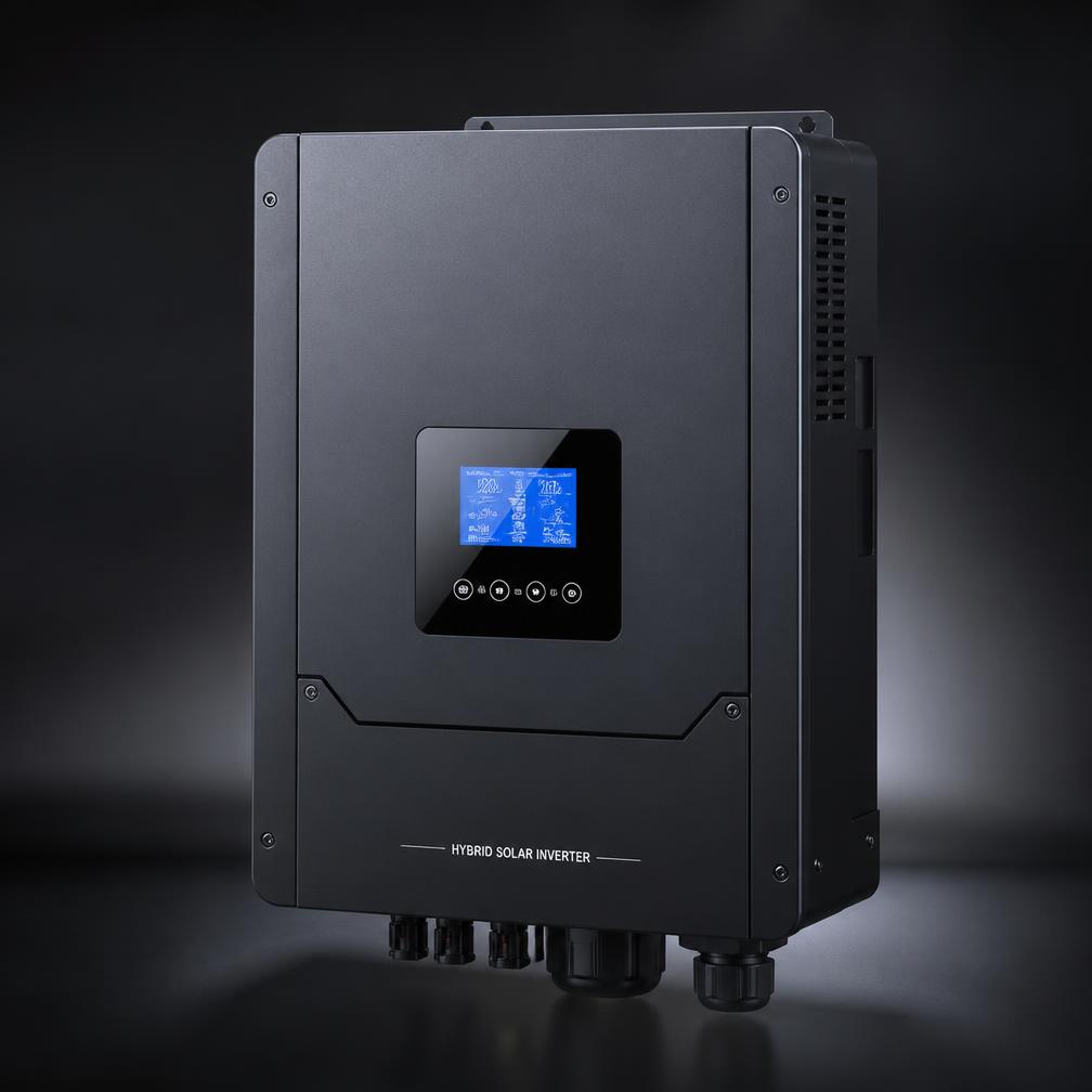 Modern hybrid solar inverter studio product photograph