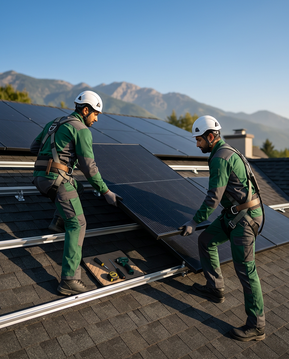 Certified installers mounting solar panels on a modern residential roof